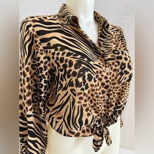 Liz Claiborne Shirt 14P 14 Petite Animal Print Tiger Print Semi-sheer Polyester